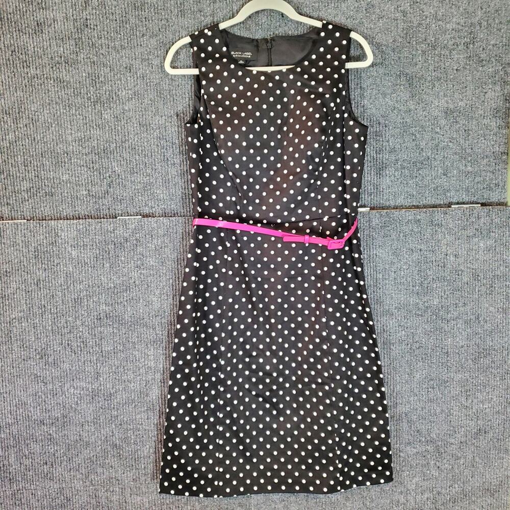 Evan Picone Black White Polka Dot Dress Pink Belt Size 10 Sheath